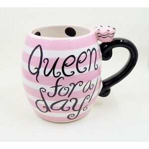 Pier 1 Dolomite Queen For A Day Coffee Mug Pink White Striped 12 Oz